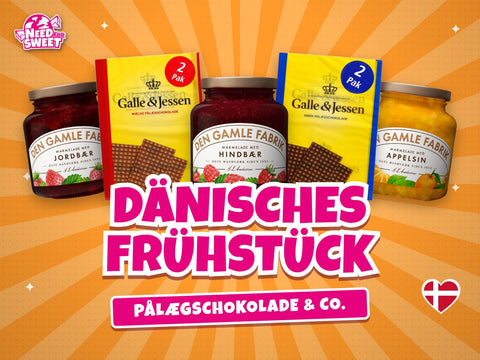 Dänisches Frühstück mit Pålægschokolade von Galle & Jessen und Marmelade von Den Gamle Fabrik