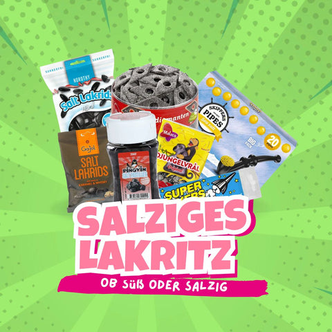 Tüten und Dosen verschiedener dänischer Lakritz-Sorten