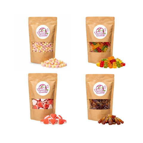 Zuckerfreie NFS-Sorten in der Übersicht – Fruchtgummi-Bärchen, Herzen, Colaflaschen und Marshmallows im Kraftbeutel