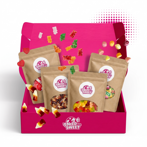 Need for Sweet Zuckerfrei-Probierbox – pinke Geschenkbox mit vier zuckerfreien Naschtüten