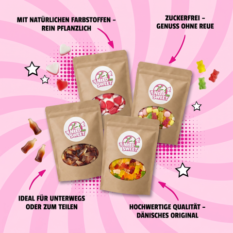 Vorteile der NFS-Zuckerfrei-Linie – natürliche Farbstoffe, ohne Zucker, ideal für unterwegs, dänisches Original